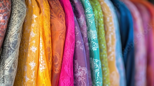 Vibrant colorful fabrics with intricate lace patterns hanging in a row