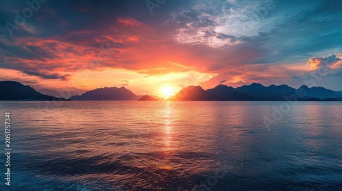 Vibrant sunset over calm ocean waters with majestic mountains