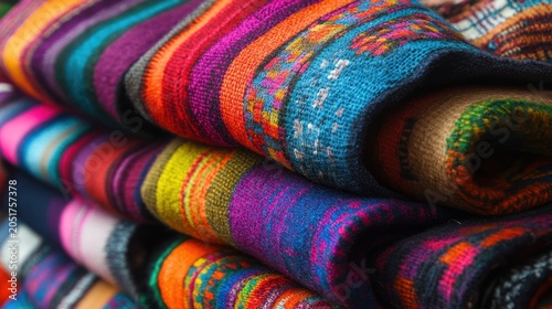 Vibrant woven fabrics with intricate patterns and colorful stripes