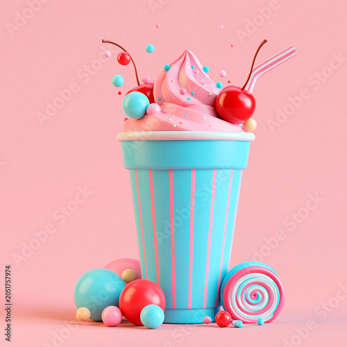In 3D style illustration of candy and beverages, stock photo, pastel colors