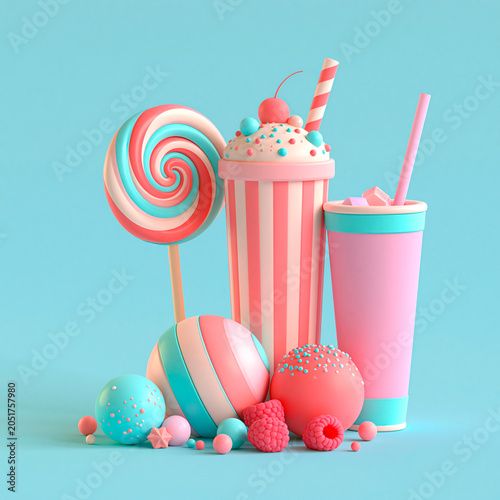 In 3D style illustration of candy and beverages, stock photo, pastel colors