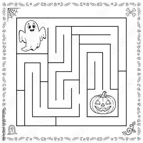Printable halloween maze game with ghost and jack o lantern illustration