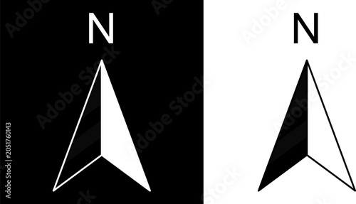 Modern north arrow compass icon shown in dual color versions, stark black and white contrast design for navigational layout, geometric map marker graphics for architectural planning