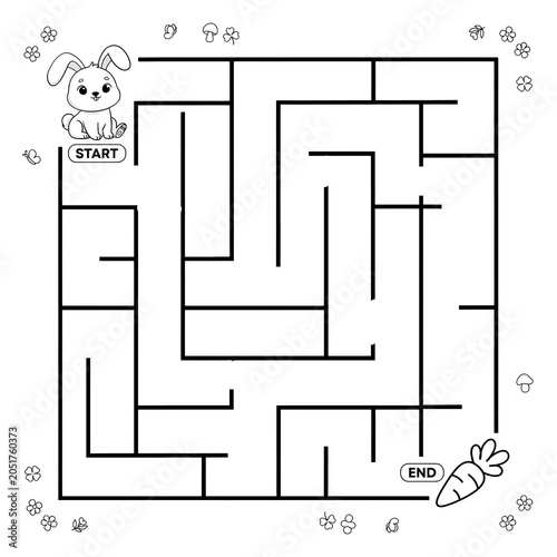 фотографія Maze game activity page for kids starting at rabbit with activity, worksheet