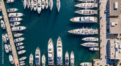 Top down aerial view over luxury yachts parked at marina docks