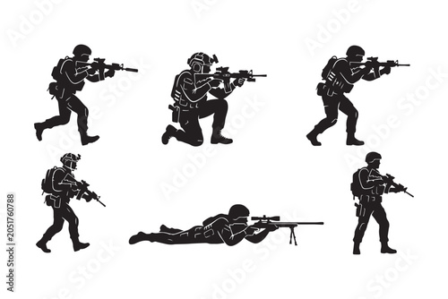 Foto Military Soldiers Silhouettes Set, Special Forces Tactical Troops in Action Pose