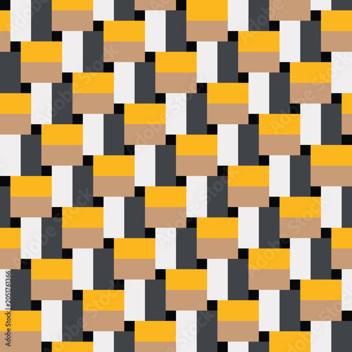 Pattern created from yellow, charcoal grey, camel and white rectangles, and small black squares