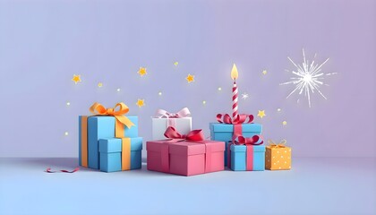 Brightly colored gift boxes and a lit candle on a purple background, festive birthday celebration surprise present holiday event card layout banner