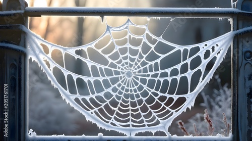 Spider web that is hanging on a fence, close up macro gossamer network texture pattern, autumn halloween morning nature environment backdrop layout