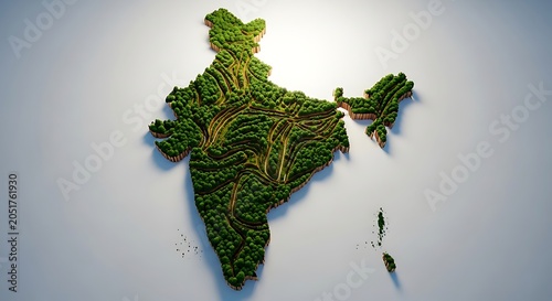 Aerial view of india map made of green trees on a gray background