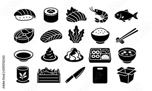 Cuadro en lienzo Japanese Seafood and Sushi Icon Set