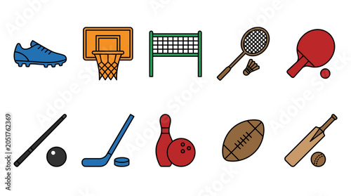 Photos Assorted sports equipment and gear illustration.