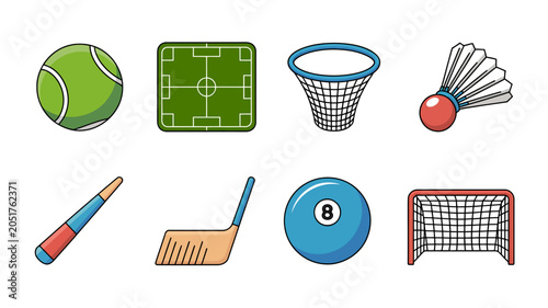 Fotografie Assorted sports equipment and game elements.