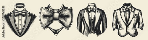 Foto A collection of men's formal clothing including tuxedos, dress shirts, bow ties, and blazers, showcasing elegant and sophisticated attire for special occasions