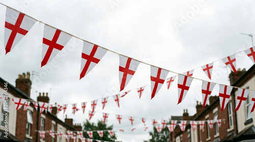 St George's Cross triangular bunting flags hanging across a residential street of traditional red brick terraced houses under an overcast sky, representing English national pride.