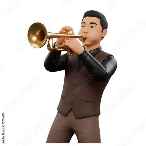 3D render of a man playing a golden trumpet