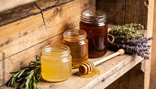 Three Glass Jars with Different Types of Honey on Vintage Wooden Shelf, Rustic Still Life with Honey Dipper, Fresh Rosemary, Thyme and Lavender, Organic Raw Honey and Healthy Natural Food Concept.