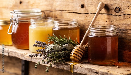 Three Glass Jars with Different Types of Honey on Vintage Wooden Shelf, Rustic Still Life with Honey Dipper, Fresh Rosemary, Thyme and Lavender, Organic Raw Honey and Healthy Natural Food Concept.