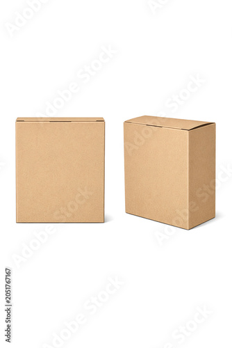 Two plain brown cardboard boxes on white background. Simple packaging, empty, ready for labeling or shipping. Neutral color, clean surface, perfect for product mockups