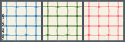 Pink, blue and green wavy grid gingham vector seamless pattern set, Cute checkered background for baby girls and boys textile designs