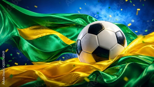 A soccer ball rests on a vibrant Brazilian flag with confetti