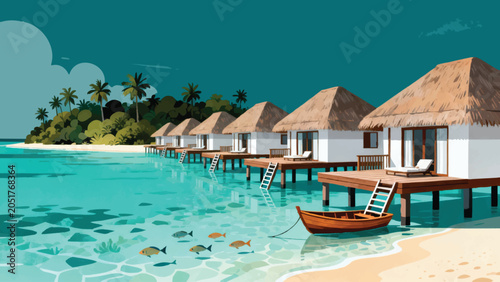 Konstfotografi a luxury overwater bungalow resort, row of elegant thatched-roof bungalows on wo