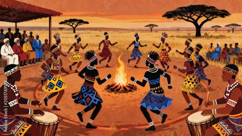 A traditional African communal dance celebration at sunset, circle of dancers in bold geometric tribal patterned attire moving energetically around central fire 