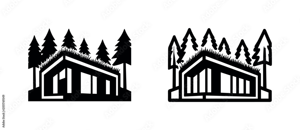 Obraz premium Modern Eco-Friendly House with Green Roof - Black and White Vector Icons