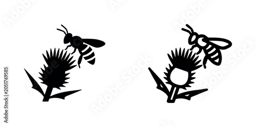 Obraz na płótnie Bee on a thistle flower icon set, representing pollination, nature, scottish symbolism, and insect life