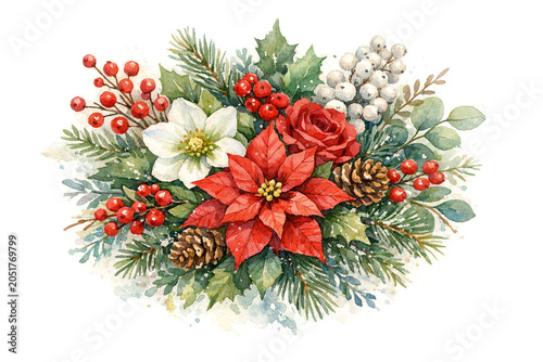 A festive wreath adorned with red berries, poinsettia flowers, pine cones, and greenery. Ideal for holiday-themed designs or as a decorative element in seasonal promotions.