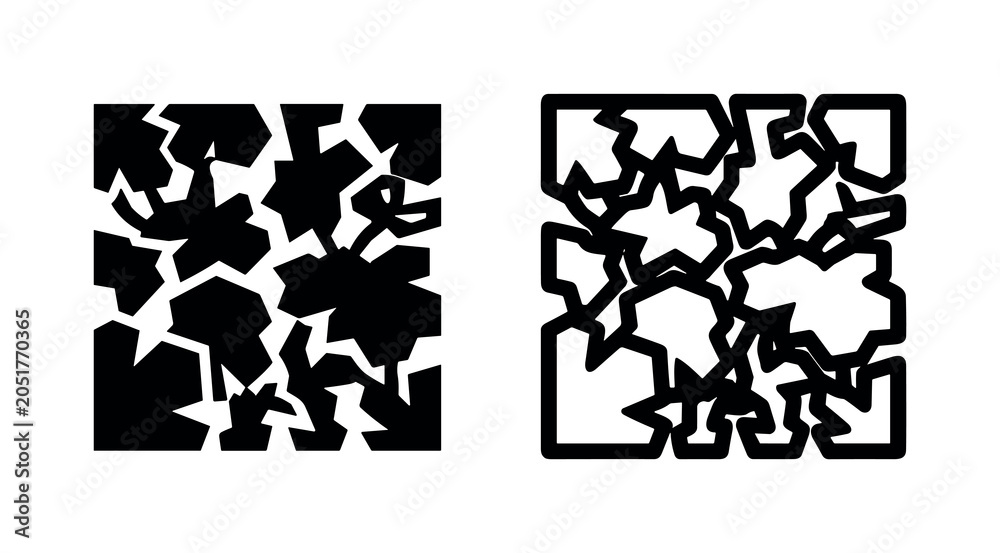 Fototapeta premium Abstract geometric shattered pattern, solid black and outline versions