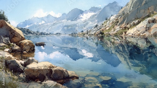 Mountain Lake Reflection with Snow-Capped Peaks