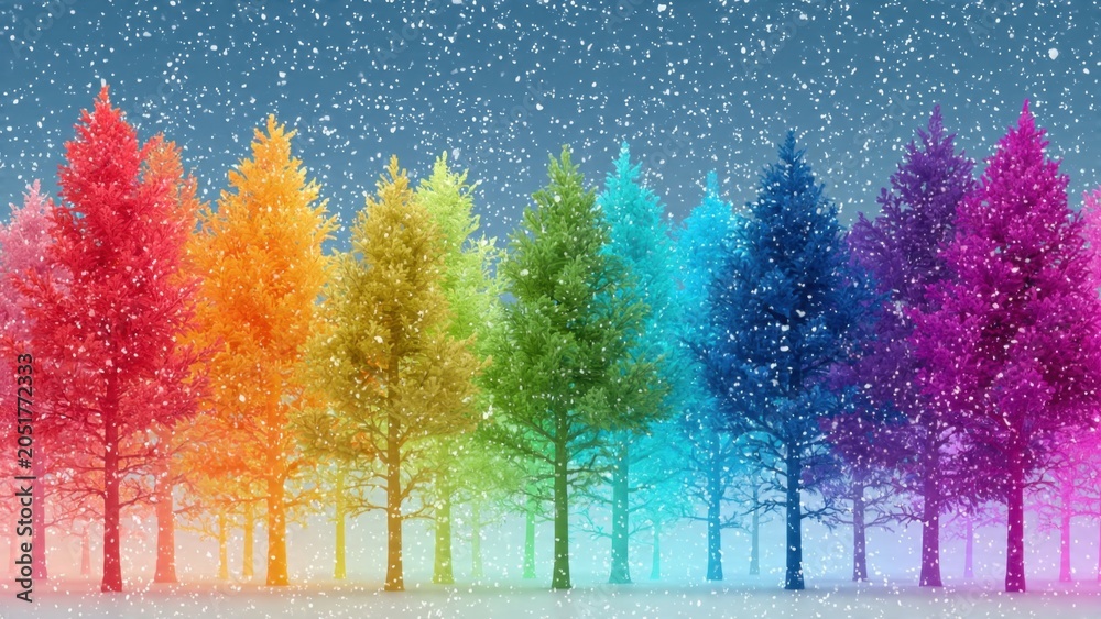 Fototapeta premium Rainbow Colored Trees in Snowfall