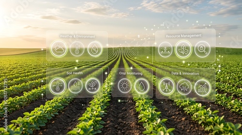 Smart farming and agriculture technology with digital data icons over crop field