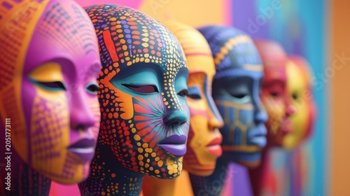 A row of painted faces with different colors