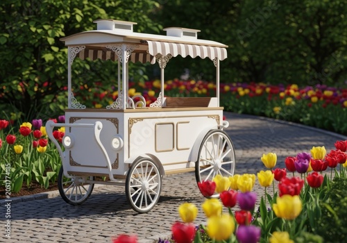 A vintage white ice cream trolley rolls along a winding garden path surrounded by vibrant blooming tulips and lush greenery in the sun, classic, path, treats