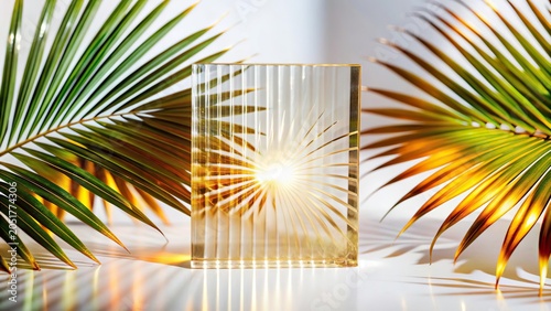 Green palm with reeded glass. Ribbed Background. Blurred sunny template for tree presentation. Clean texture on stylish transparent background for premium look. Plant leaves. White Reeded Glass.