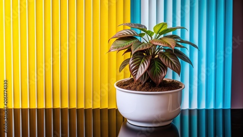 Green palm with reeded glass. Ribbed Background. Minimal magazine concept on wood banner. White Reeded Glass. Clean texture on stylish transparent background for premium look. Plant leaves.