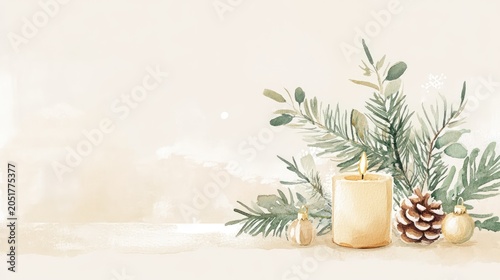 A candle is lit on a table with pine cones and leaves