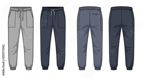 Mens jogger sweatpants fashion flat technical sketch showing front and back views in different colors for apparel manufacturing.