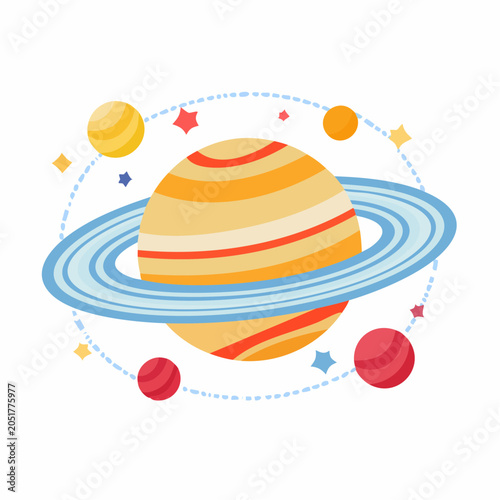 Stylized Planet with Rings and Moons