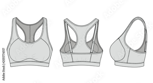 Technical flat sketch of a women racerback sports bra shown from front, back, and side angles on white background.