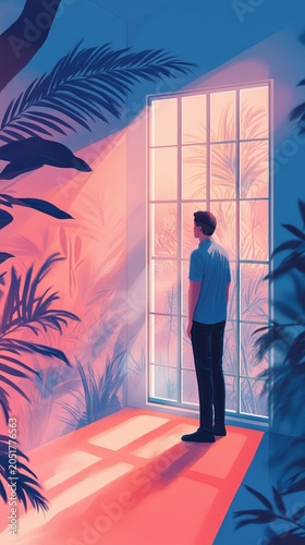 A man is looking out a window