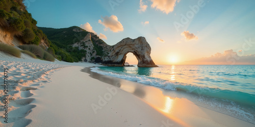 Sandy beach with calm turquoise waters, lush green mountains at sunrise under a clear blue sky.