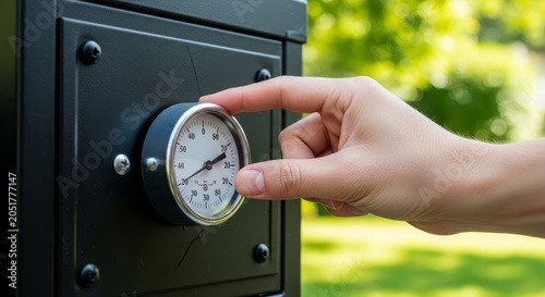 Perspective of checking the temperature dial on a black metal smoker during an outdoor summer cookout inside a bright and lush green backyard, smoking, heat, weekend
