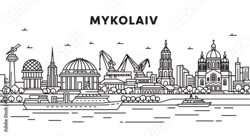 Принти на полотні Mykolaiv Cityscape Black and White Illustration Vector