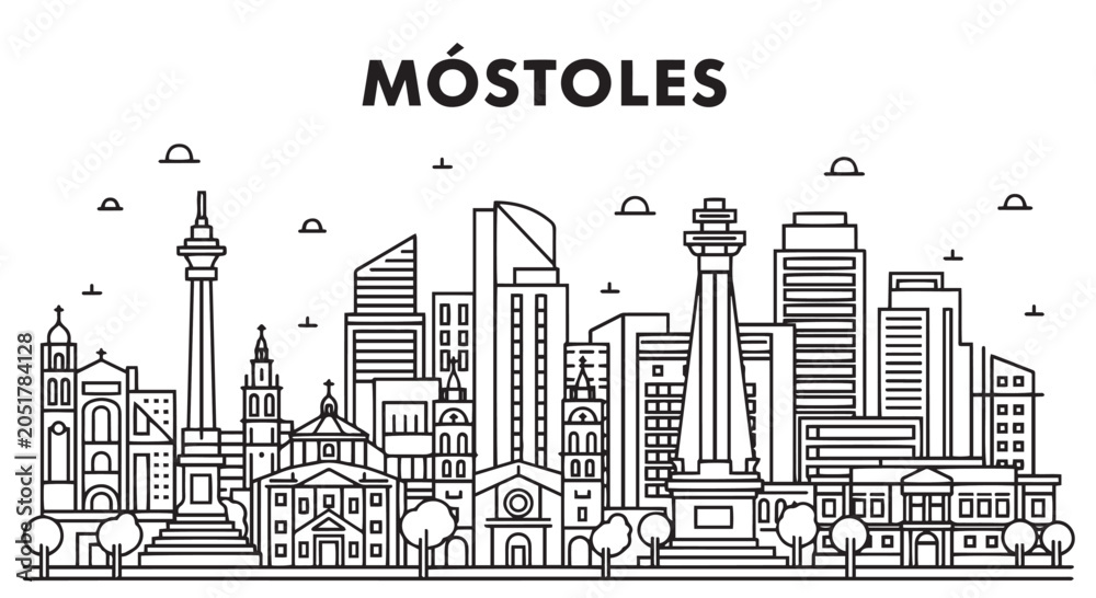 Fototapeta premium Mostoles City Skyline Outline Illustration Urban Landscape