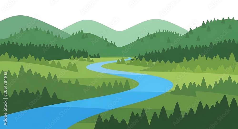 Fototapeta premium Serene river winding through lush green valley with mountains.