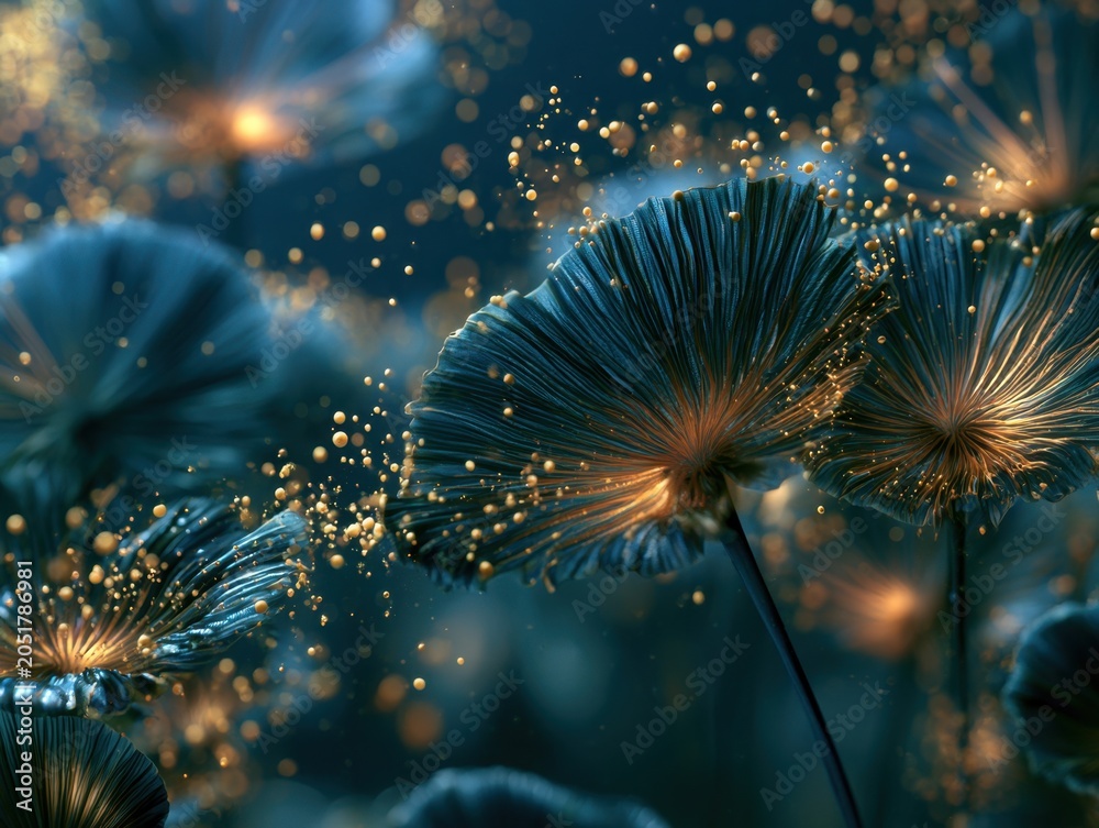 Fototapeta premium Abstract Glowing Petals in Enchanted Garden with Golden Particle Shine