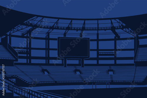 Interior view of a sports stadium tribune silhouette with empty seats and a large blank scoreboard screen vector illustration.
